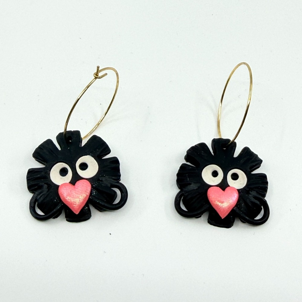 VTG Y2K Black Monster Heart Hoop Earrings Kawaii Clay Drop Dangle Gold Tone